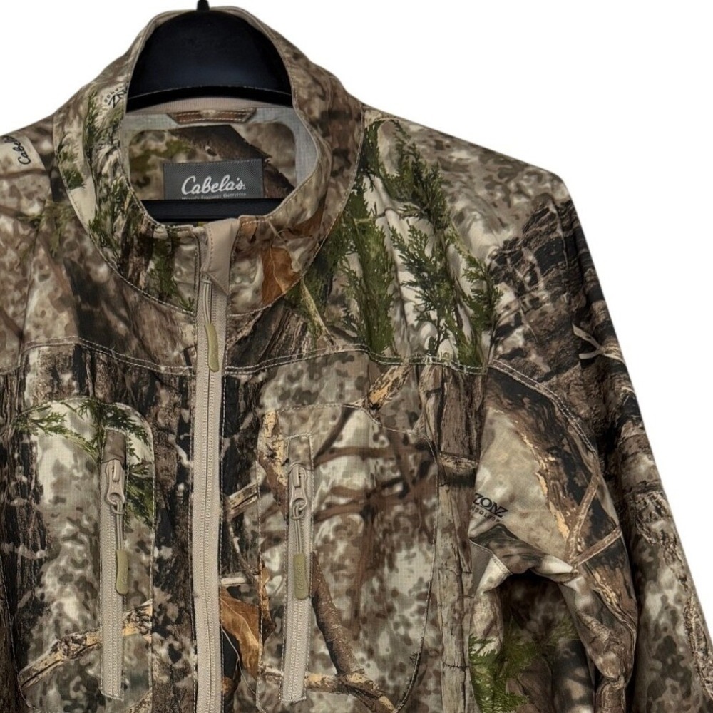 Cabelas Pullover 1/2 Zip Jacket Mens L Brown Zonz Woodlands Camo Insect Defense